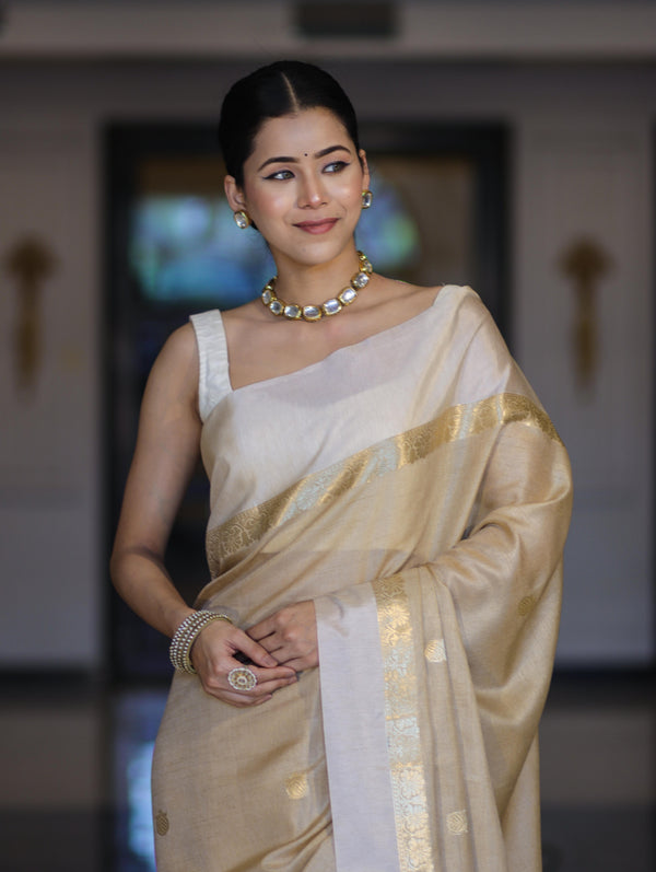 Banarasee Handloom Cotton Silk Saree With Buti Design & Contrast Border-Beige & White