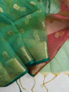 Banarasee Handloom Organza Mix Saree With Zari Buta Design & Contrast Border-Green