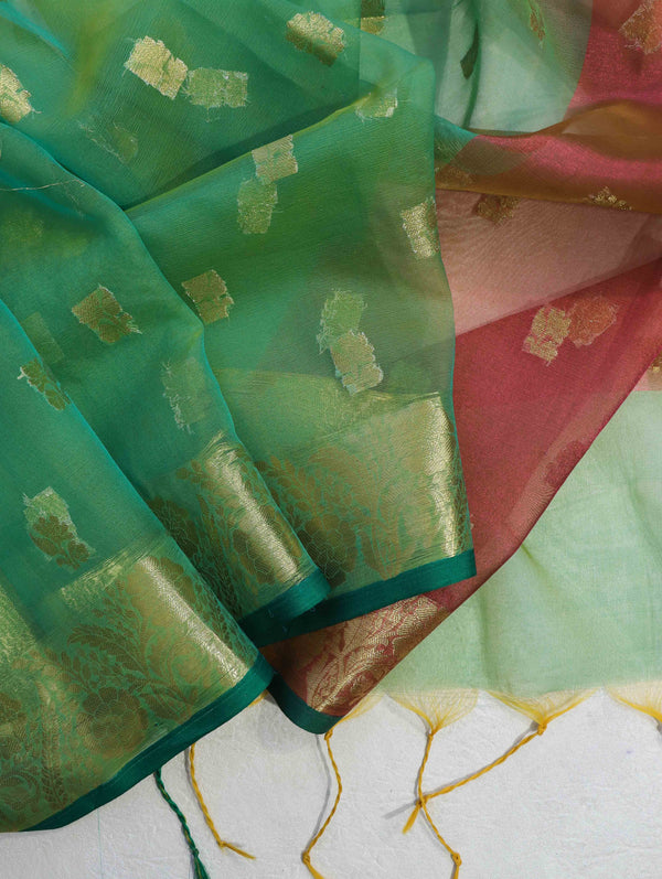 Banarasee Handloom Organza Mix Saree With Zari Buta Design & Contrast Border-Green