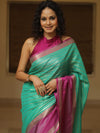 Banarasee Handwoven Semi Silk Saree With Stripes Design & Solid Border-Sea Green & Pink