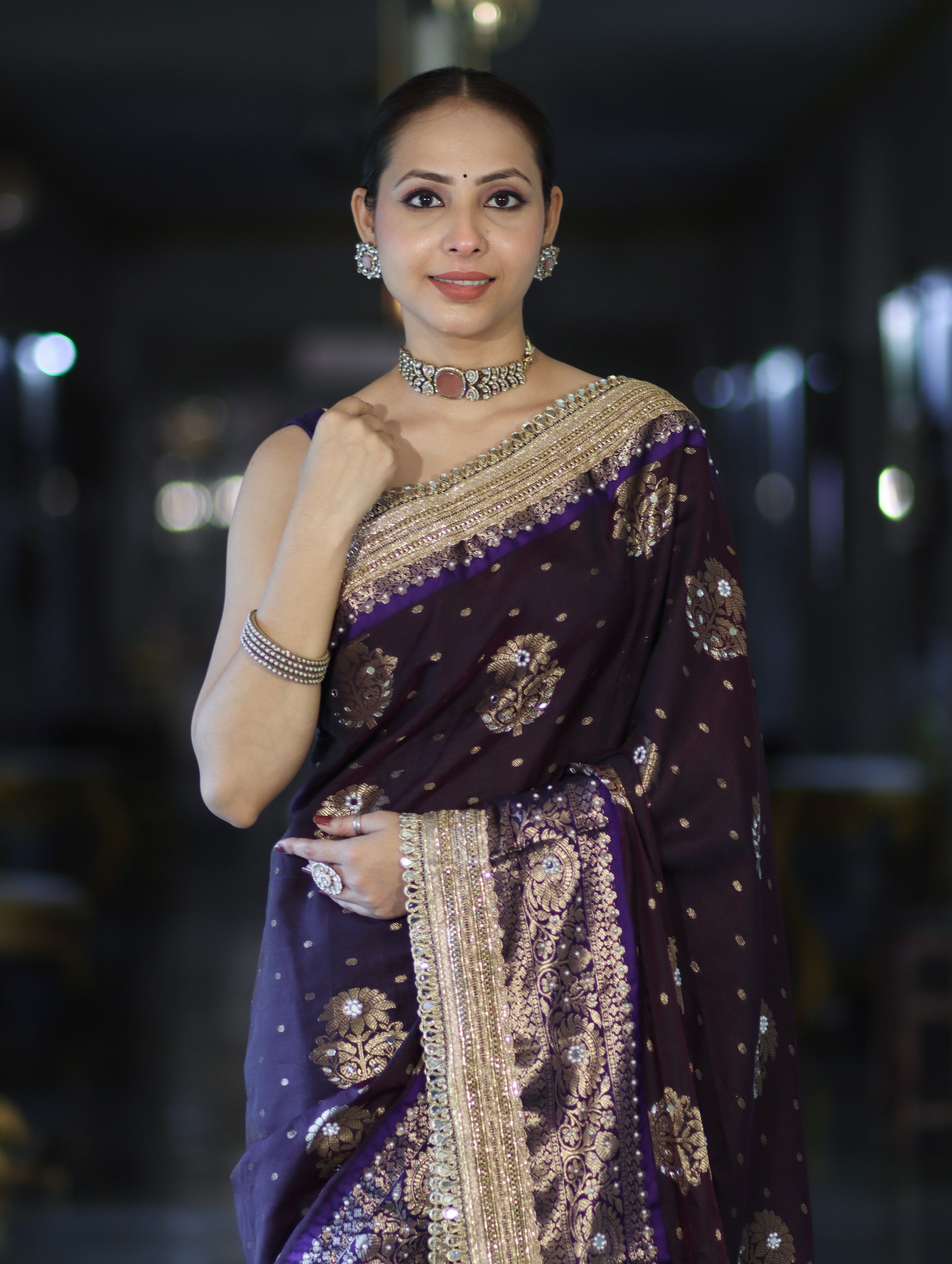 Banarasee Soft Silk Saree With Hand Embroidered Mirror Work Pearl Motifs & Zari Woven Design-Purple