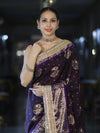 Banarasee Soft Silk Saree With Hand Embroidered Mirror Work Pearl Motifs & Zari Woven Design-Purple