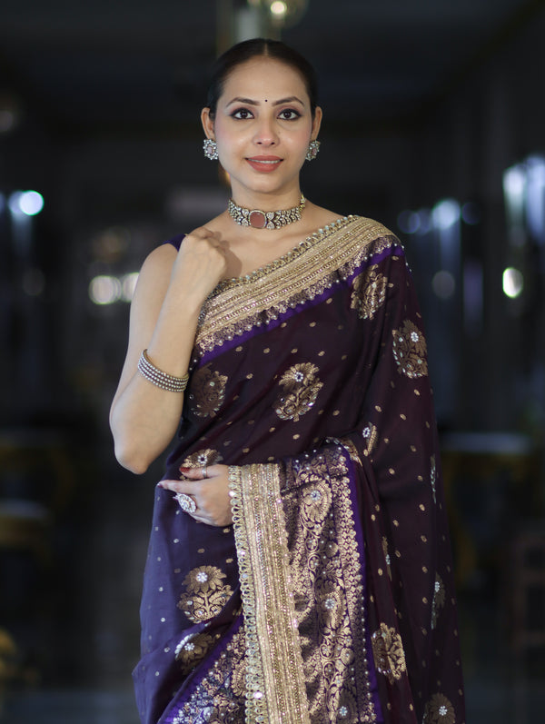 Banarasee Soft Silk Saree With Hand Embroidered Mirror Work Pearl Motifs & Zari Woven Design-Purple