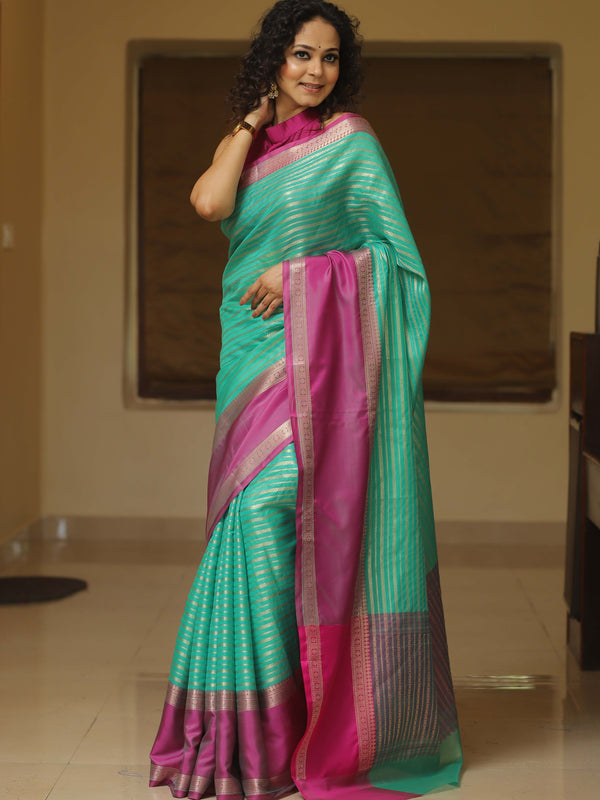 Banarasee Handwoven Semi Silk Saree With Stripes Design & Solid Border-Sea Green & Pink