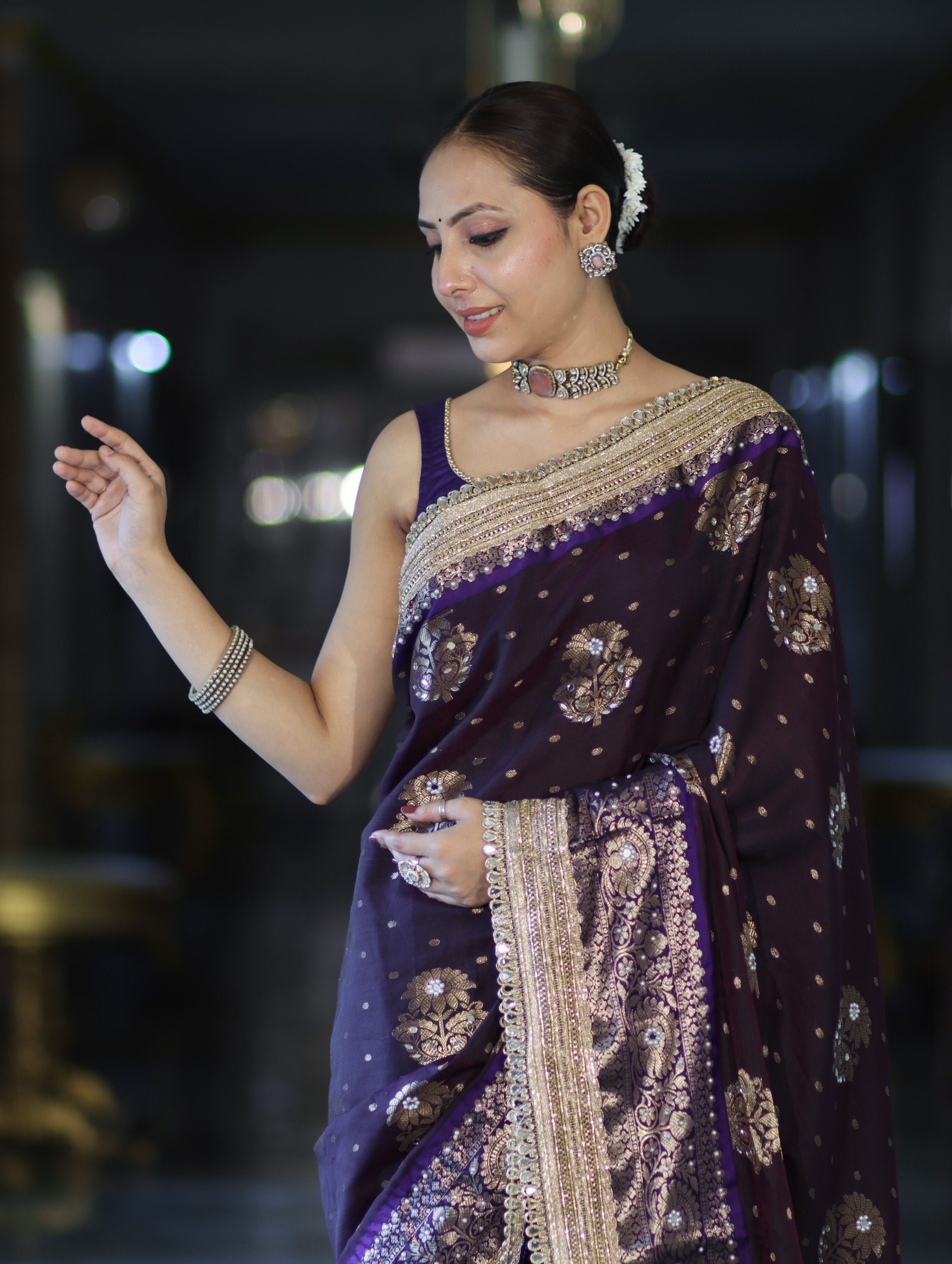 Banarasee Soft Silk Saree With Hand Embroidered Mirror Work Pearl Motifs & Zari Woven Design-Purple