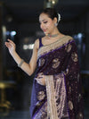 Banarasee Soft Silk Saree With Hand Embroidered Mirror Work Pearl Motifs & Zari Woven Design-Purple