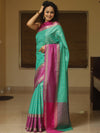 Banarasee Handwoven Semi Silk Saree With Stripes Design & Solid Border-Sea Green & Pink