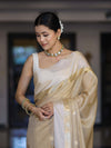 Banarasee Handloom Cotton Silk Saree With Buti Design & Contrast Border-Beige & White