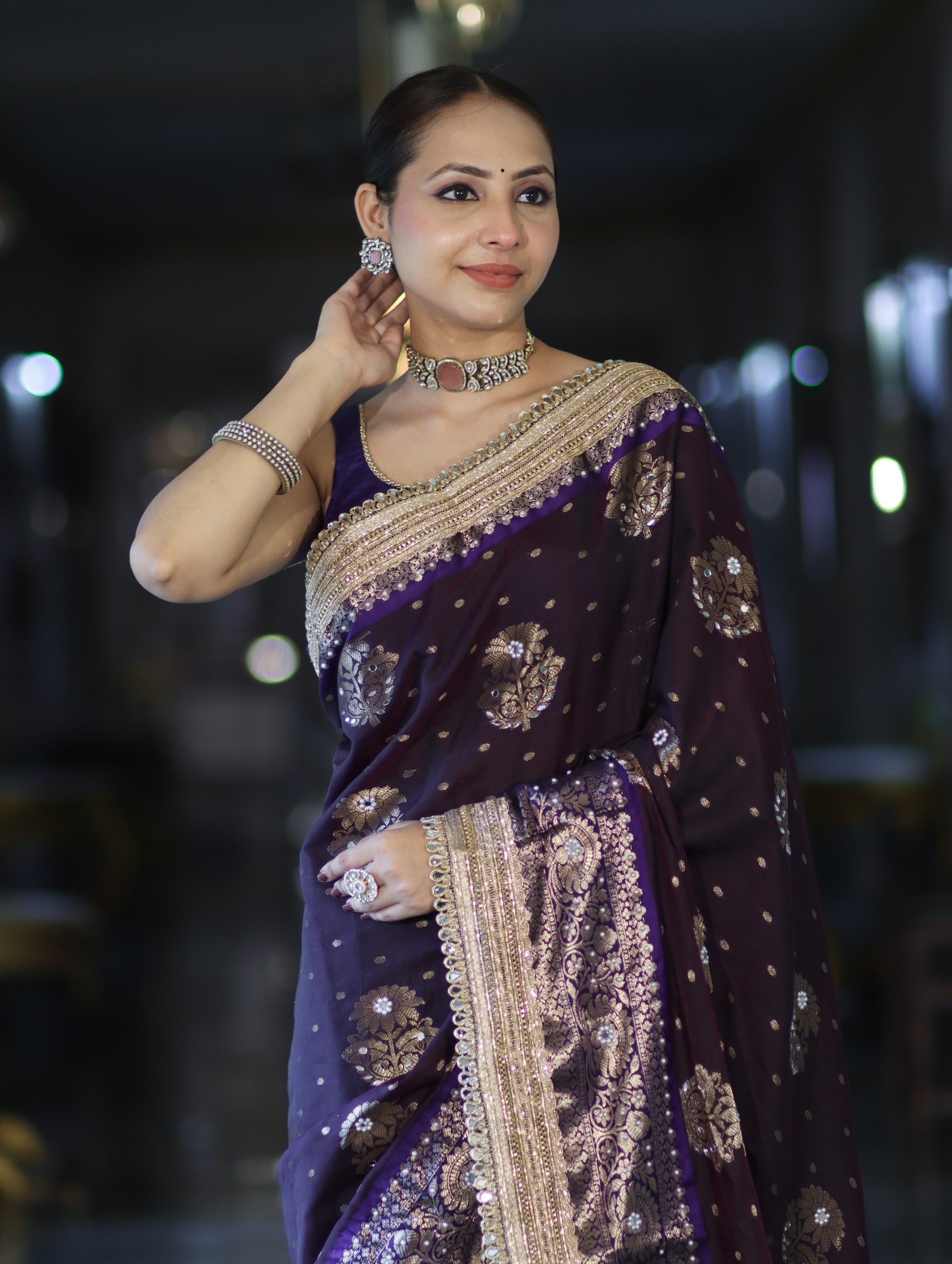Banarasee Soft Silk Saree With Hand Embroidered Mirror Work Pearl Motifs & Zari Woven Design-Purple