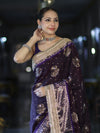 Banarasee Soft Silk Saree With Hand Embroidered Mirror Work Pearl Motifs & Zari Woven Design-Purple