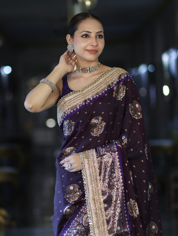 Banarasee Soft Silk Saree With Hand Embroidered Mirror Work Pearl Motifs & Zari Woven Design-Purple