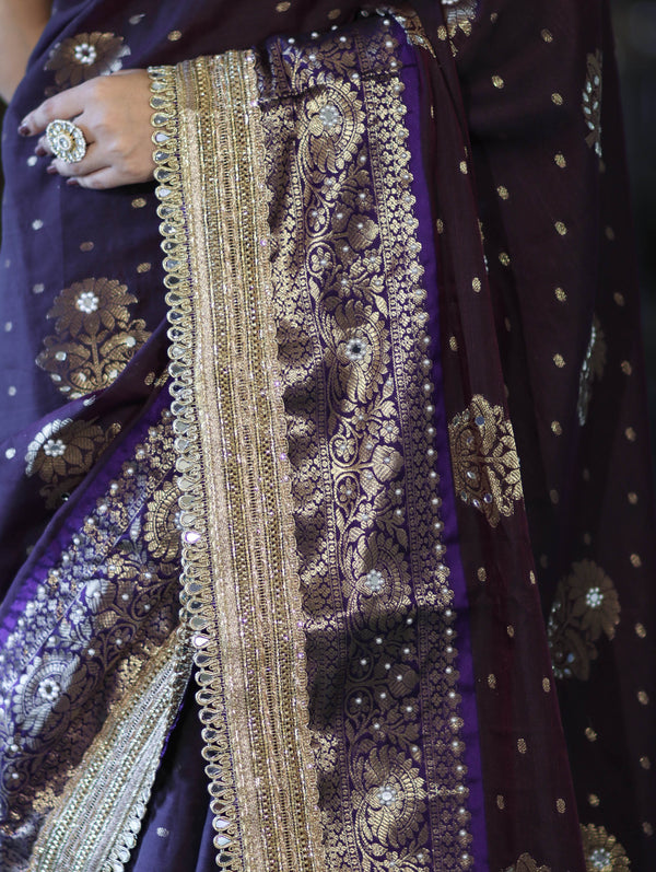 Banarasee Soft Silk Saree With Hand Embroidered Mirror Work Pearl Motifs & Zari Woven Design-Purple