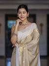 Banarasee Handloom Cotton Silk Saree With Buti Design & Contrast Border-Beige & White