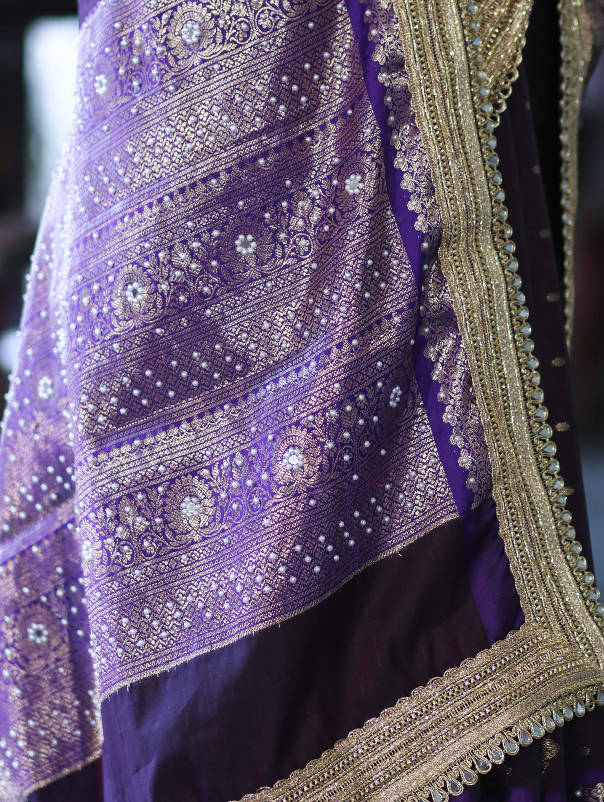 Banarasee Soft Silk Saree With Hand Embroidered Mirror Work Pearl Motifs & Zari Woven Design-Purple