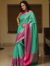 Banarasee Handwoven Semi Silk Saree With Stripes Design & Solid Border-Sea Green & Pink