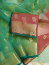 Banarasee Handloom Organza Mix Saree With Zari Buta Design & Contrast Border-Green