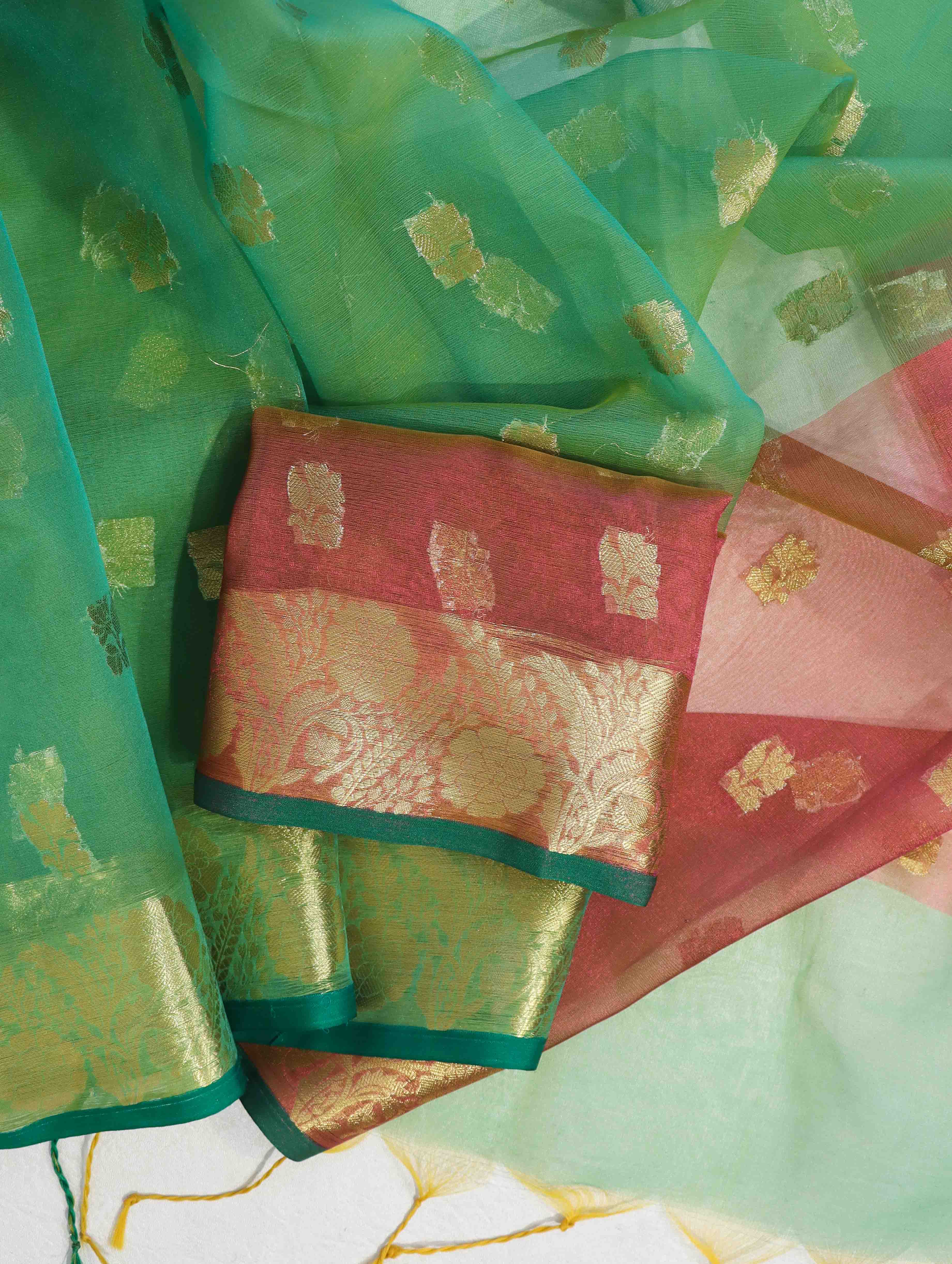 Banarasee Handloom Organza Mix Saree With Zari Buta Design & Contrast Border-Green