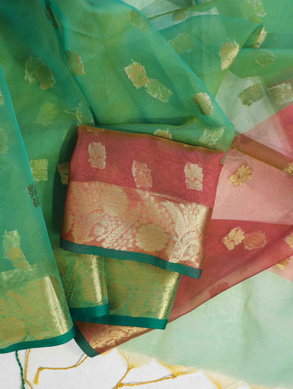 Banarasee Handloom Organza Mix Saree With Zari Buta Design & Contrast Border-Green