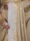 Banarasee Handloom Cotton Silk Saree With Buti Design & Contrast Border-Beige & White