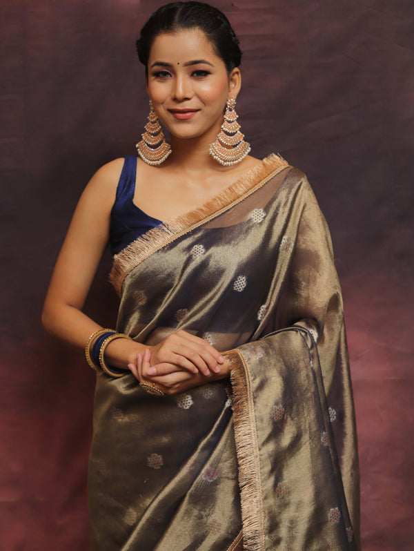 Banarasee Handwoven Tissue Saree Zari Buti With Lace-Blue
