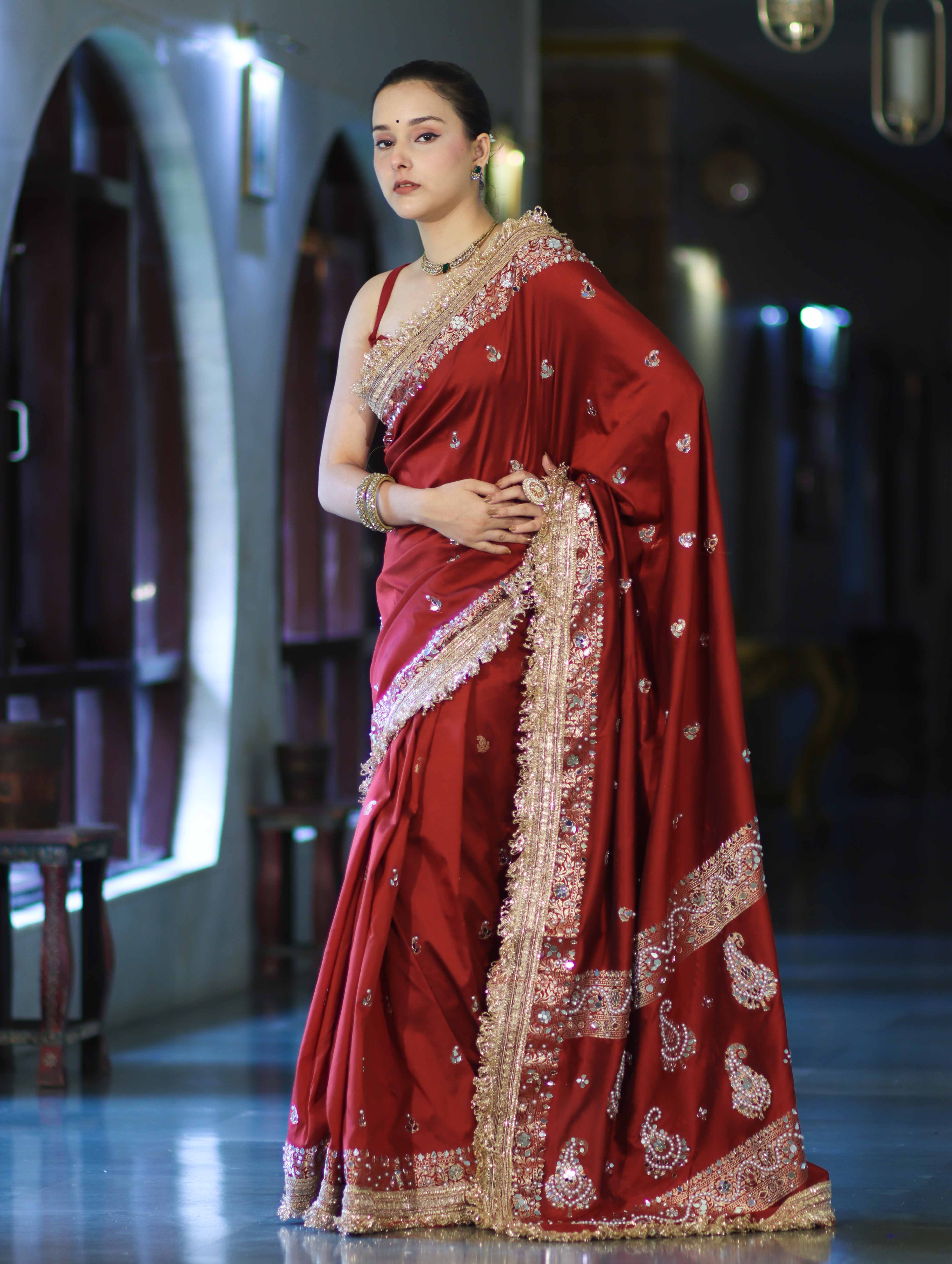 Banarasee Soft Silk Saree With Handwork Pearl Motifs & Mirror Work-Maroon