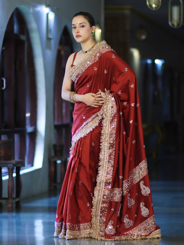 Banarasee Soft Silk Saree With Handwork Pearl Motifs & Mirror Work-Maroon