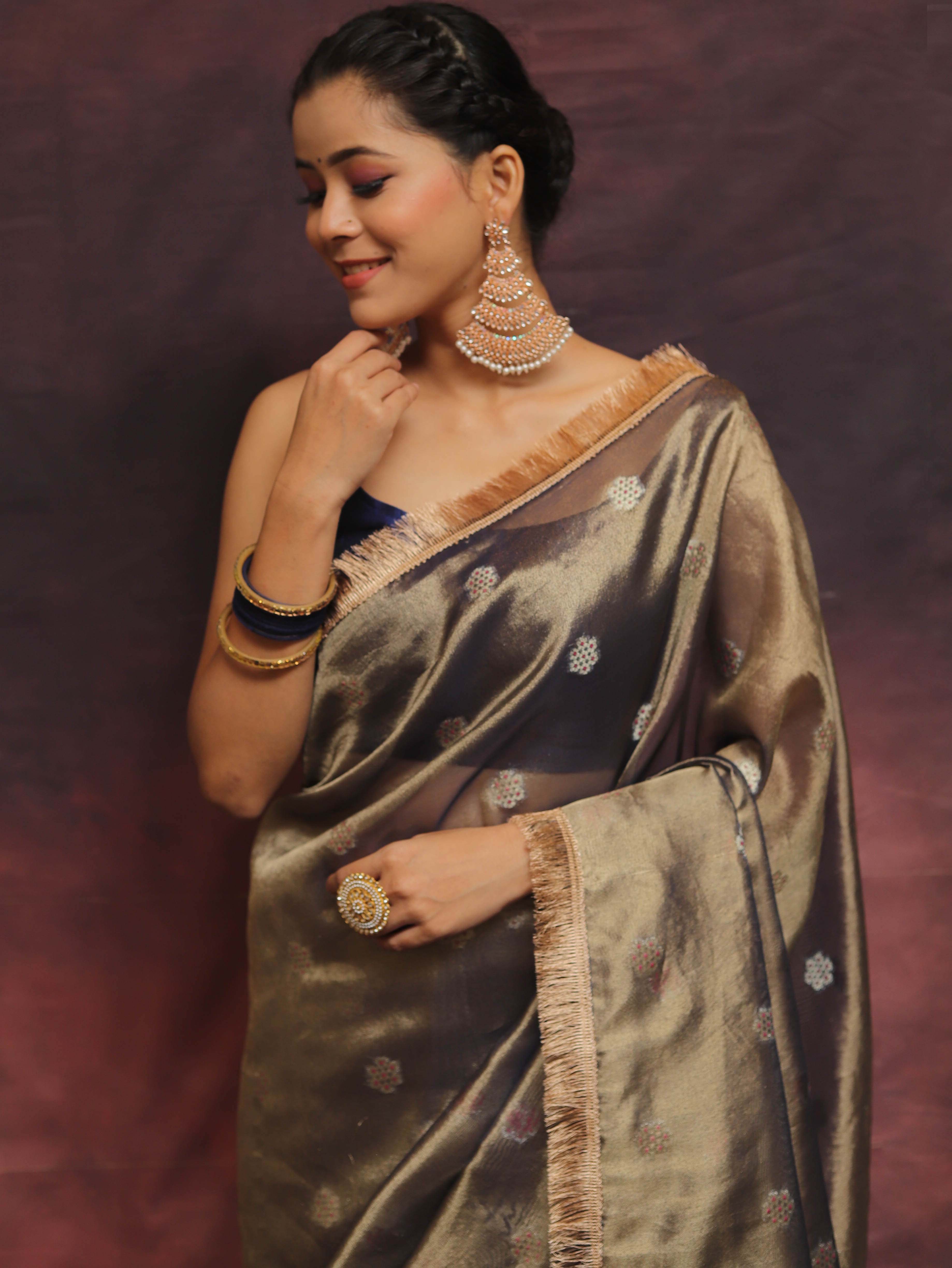 Banarasee Handwoven Tissue Saree Zari Buti With Lace-Blue