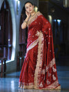 Banarasee Soft Silk Saree With Handwork Pearl Motifs & Mirror Work-Maroon