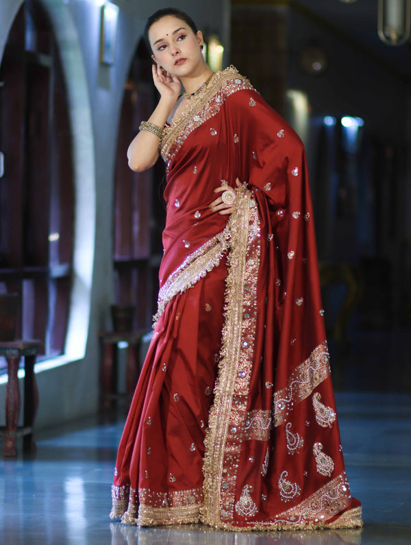 Banarasee Soft Silk Saree With Handwork Pearl Motifs & Mirror Work-Maroon