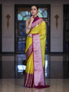 Banarasee Semi Chiffon Saree With Buti Design & Contrast Zari Border-Yellow & Magenta