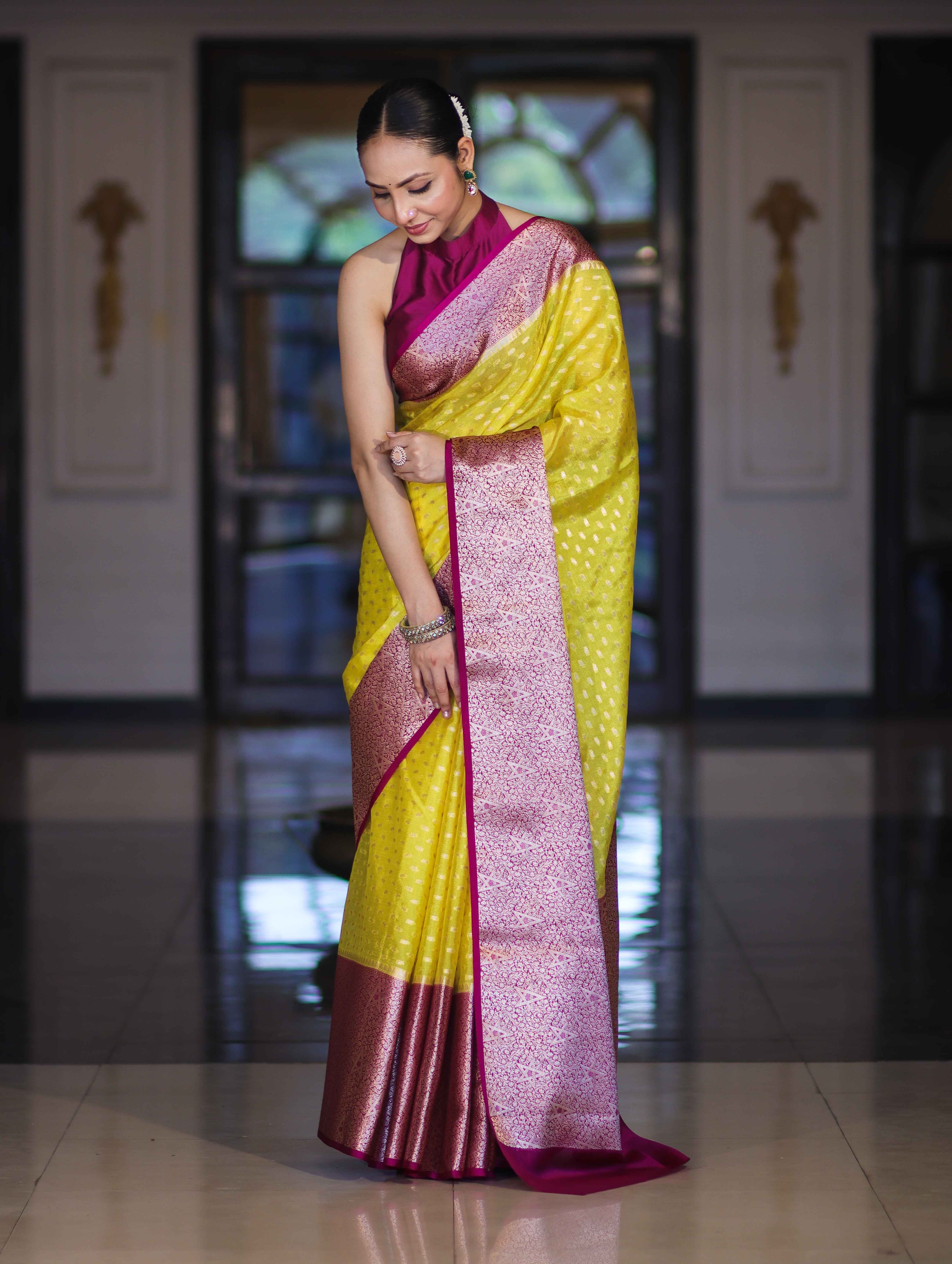 Banarasee Semi Chiffon Saree With Buti Design & Contrast Zari Border-Yellow & Magenta