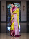 Banarasee Semi Chiffon Saree With Buti Design & Contrast Zari Border-Yellow & Magenta