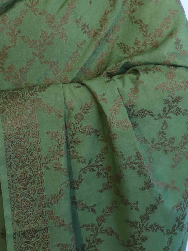 Banarasee Cotton Silk Salwar Kameez Fabric With Dupatta Set & Resham Work-Green