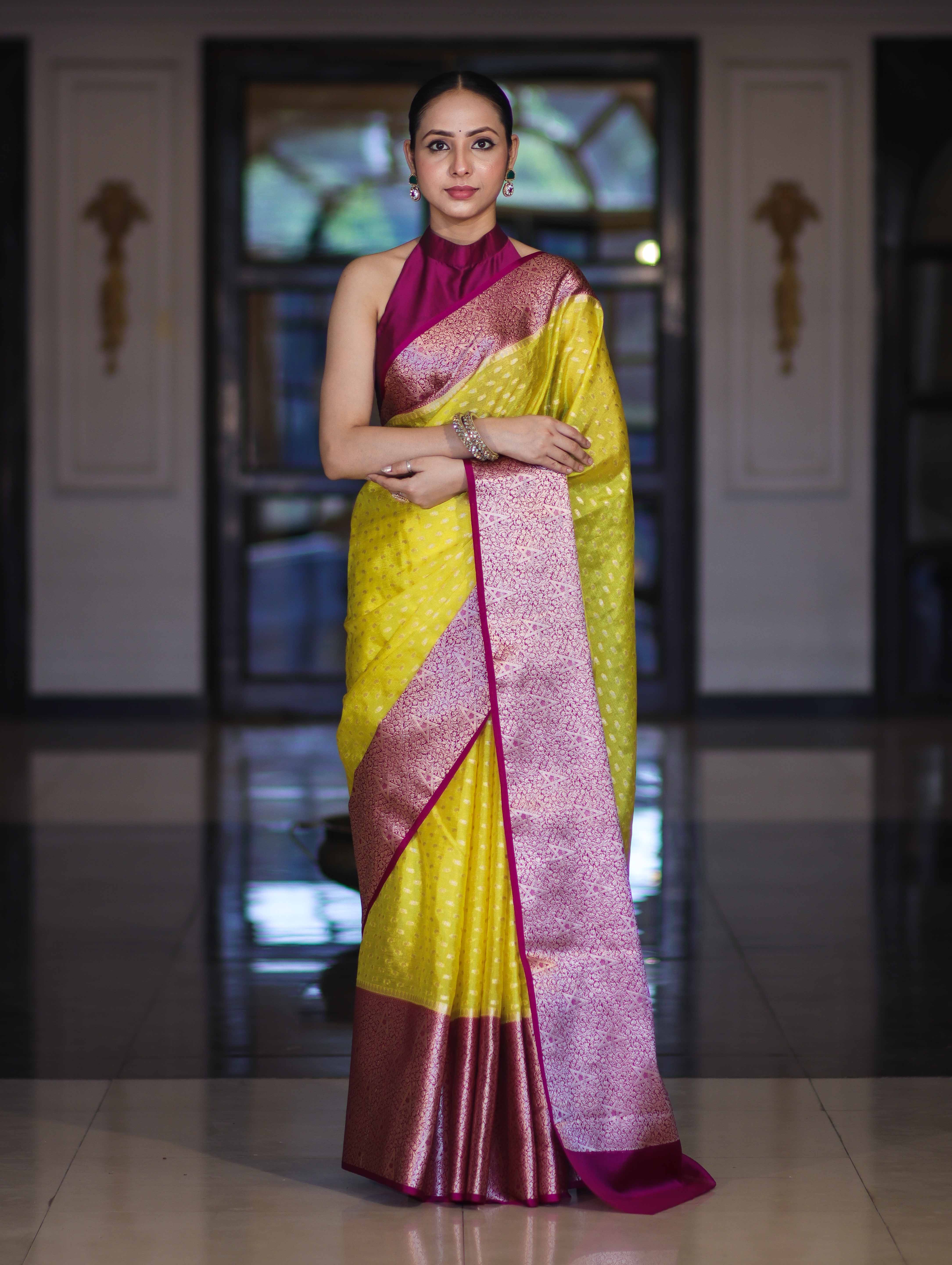 Banarasee Semi Chiffon Saree With Buti Design & Contrast Zari Border-Yellow & Magenta