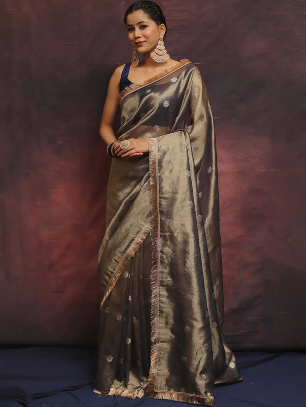Banarasee Handwoven Tissue Saree Zari Buti With Lace-Blue