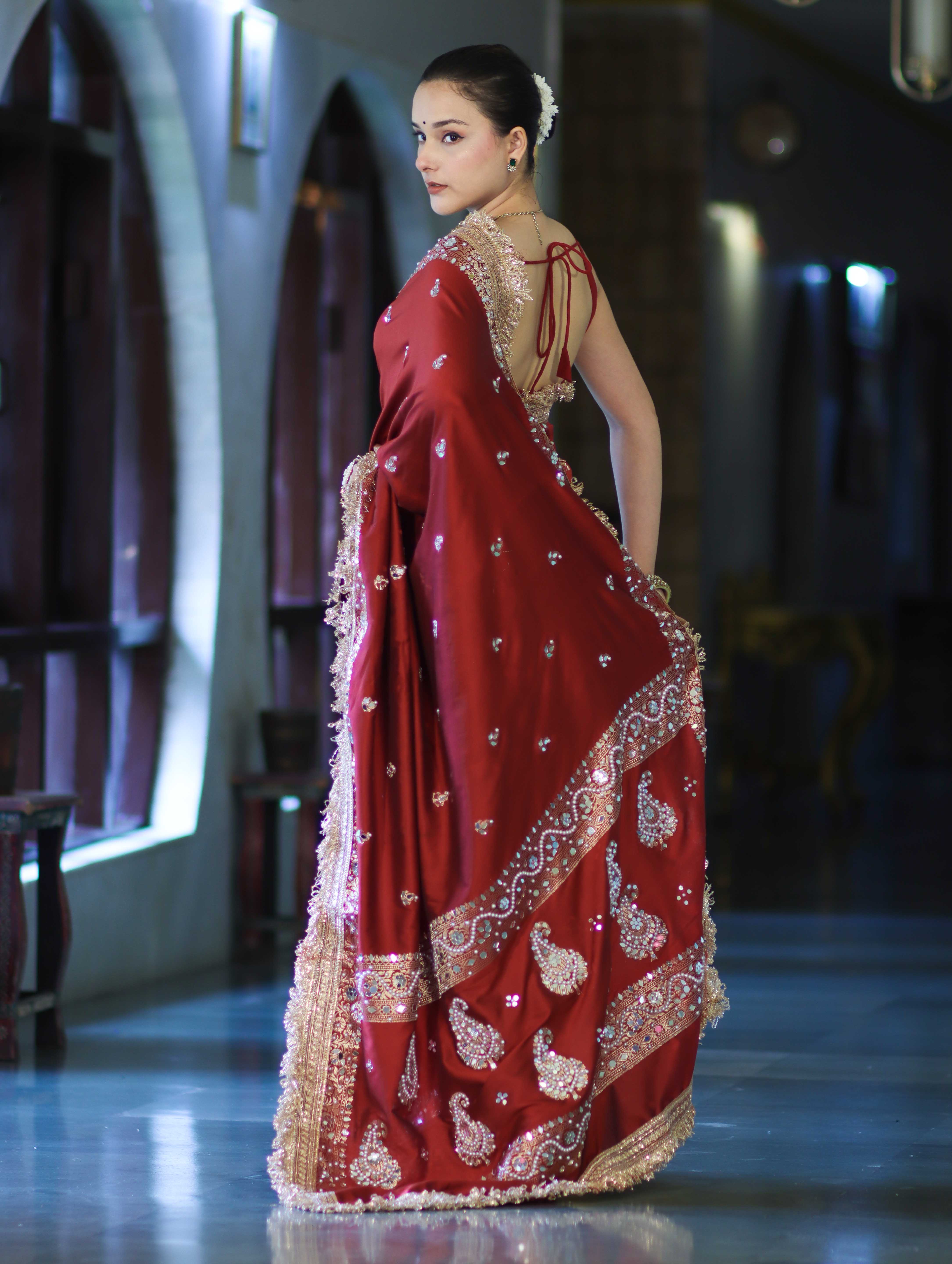 Banarasee Soft Silk Saree With Handwork Pearl Motifs & Mirror Work-Maroon