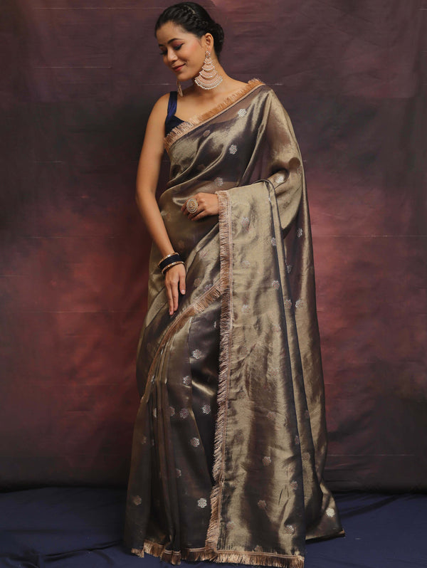 Banarasee Handwoven Tissue Saree Zari Buti With Lace-Blue
