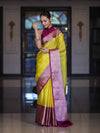 Banarasee Semi Chiffon Saree With Buti Design & Contrast Zari Border-Yellow & Magenta