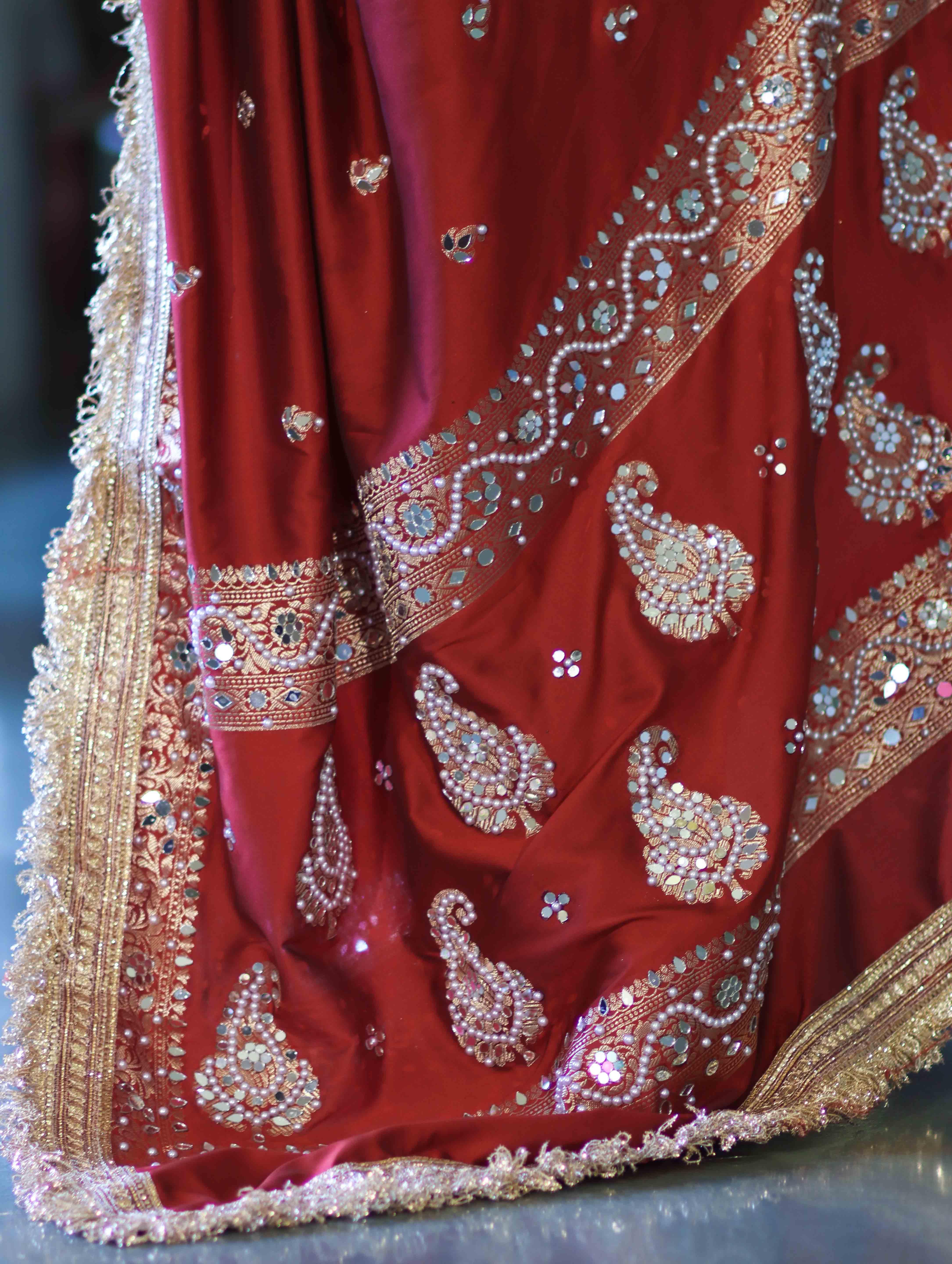 Banarasee Soft Silk Saree With Handwork Pearl Motifs & Mirror Work-Maroon