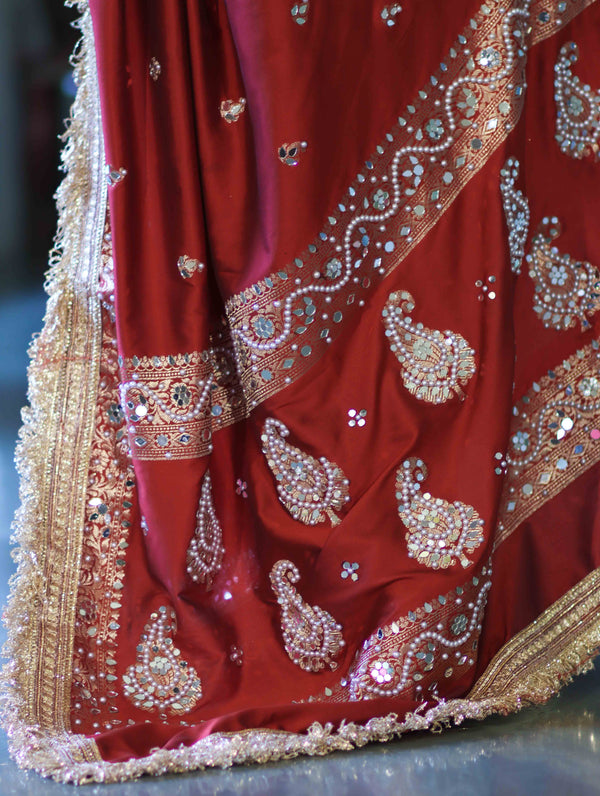 Banarasee Soft Silk Saree With Handwork Pearl Motifs & Mirror Work-Maroon