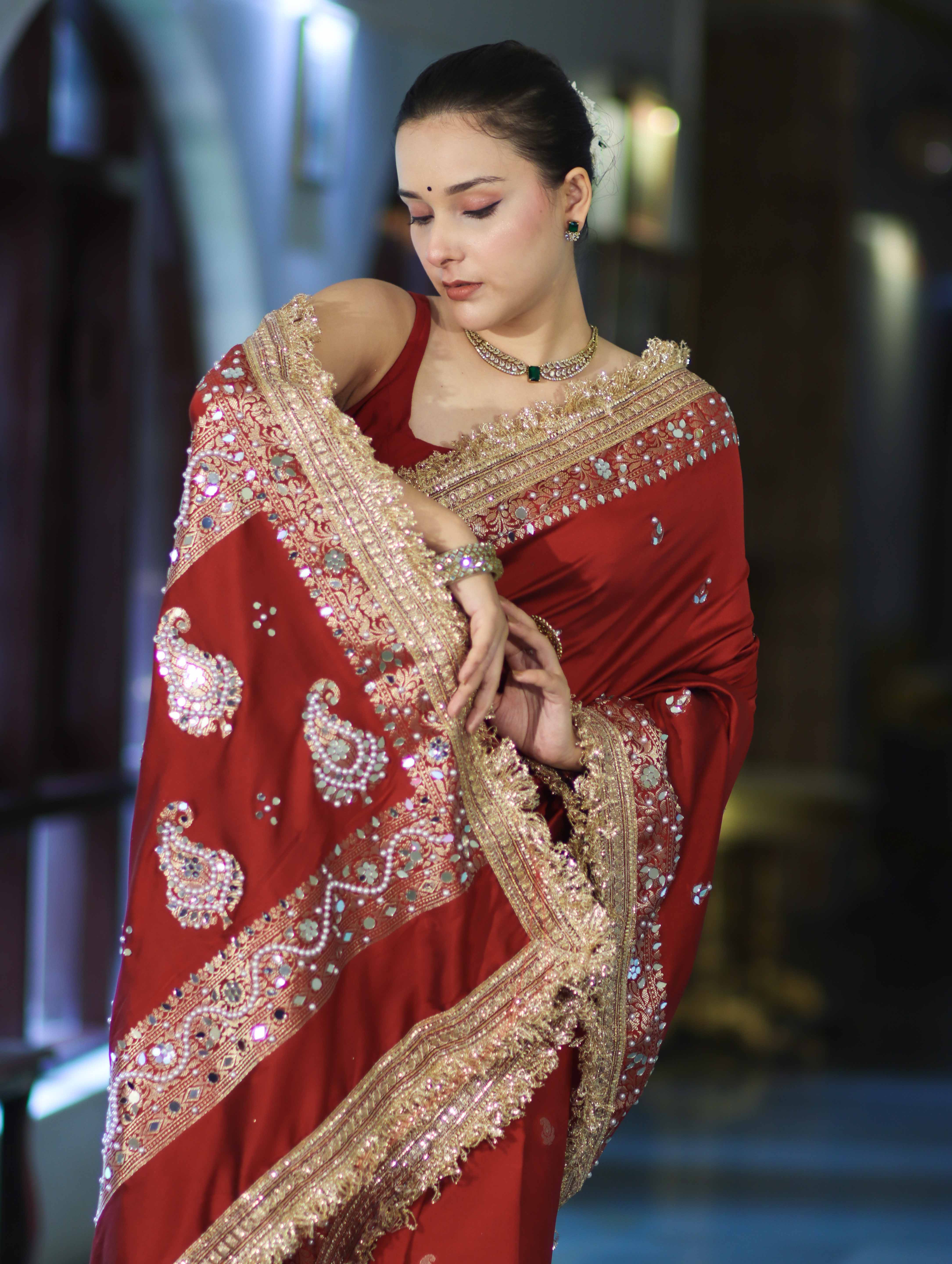 Banarasee Soft Silk Saree With Handwork Pearl Motifs & Mirror Work-Maroon