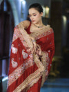 Banarasee Soft Silk Saree With Handwork Pearl Motifs & Mirror Work-Maroon