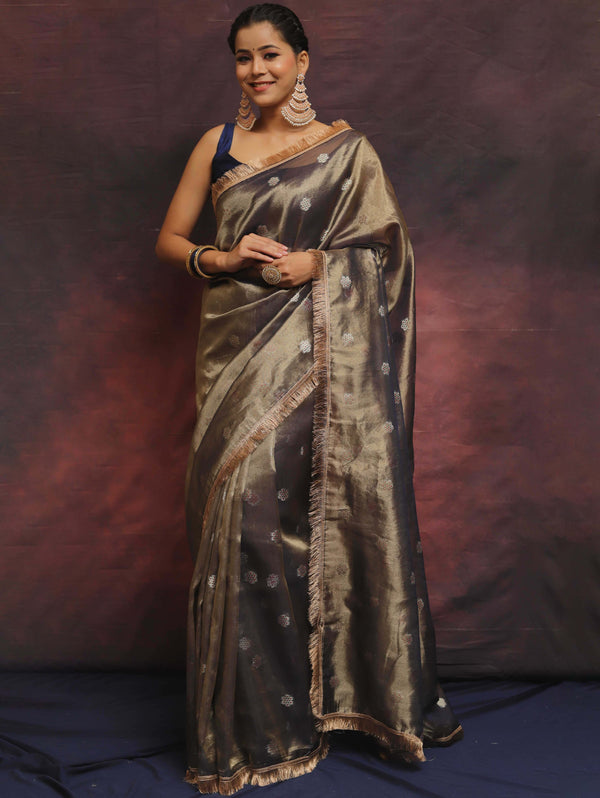 Banarasee Handwoven Tissue Saree Zari Buti With Lace-Blue