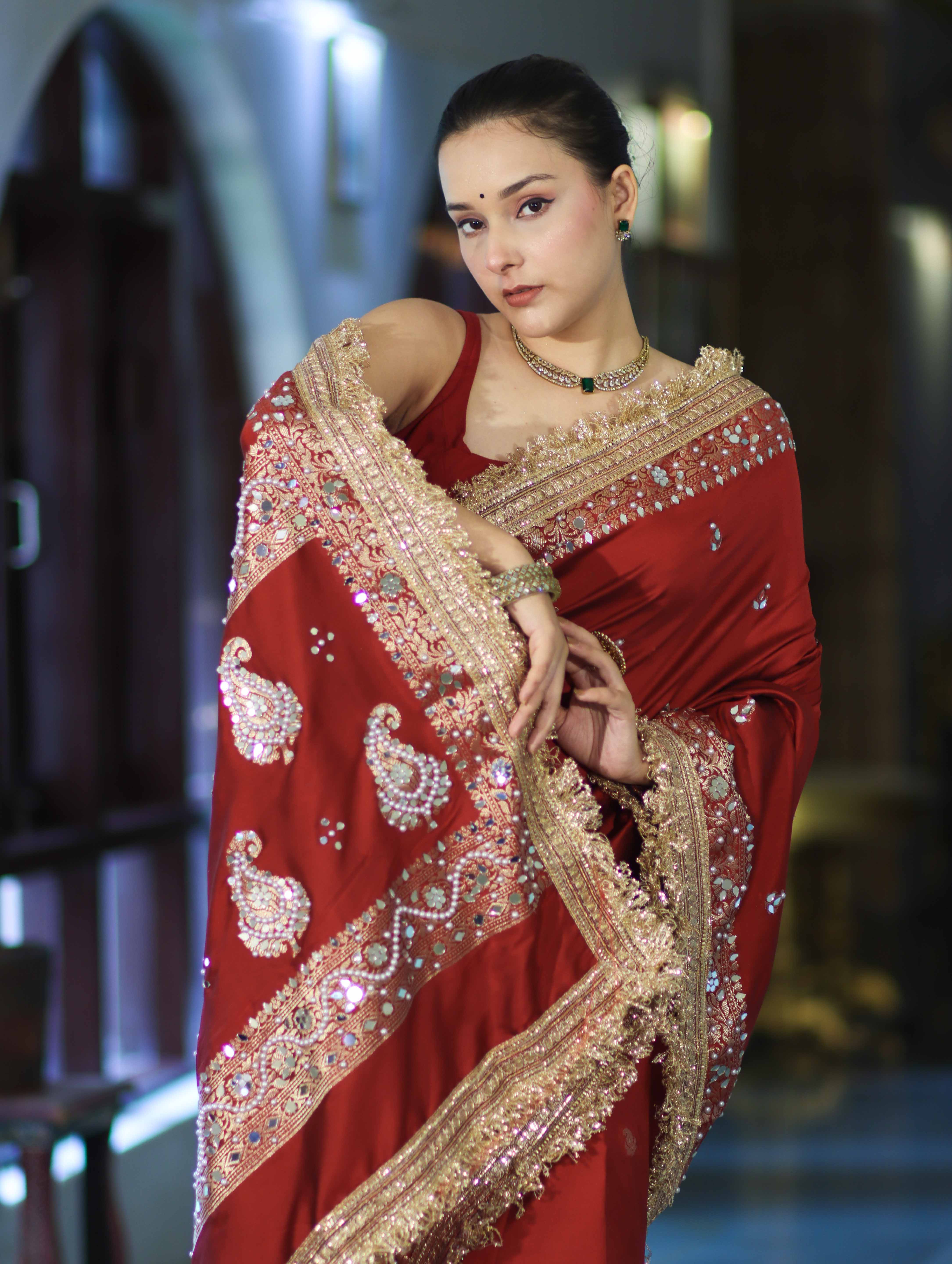 Banarasee Soft Silk Saree With Handwork Pearl Motifs & Mirror Work-Maroon