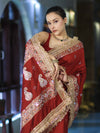 Banarasee Soft Silk Saree With Handwork Pearl Motifs & Mirror Work-Maroon