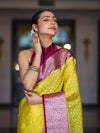 Banarasee Semi Chiffon Saree With Buti Design & Contrast Zari Border-Yellow & Magenta