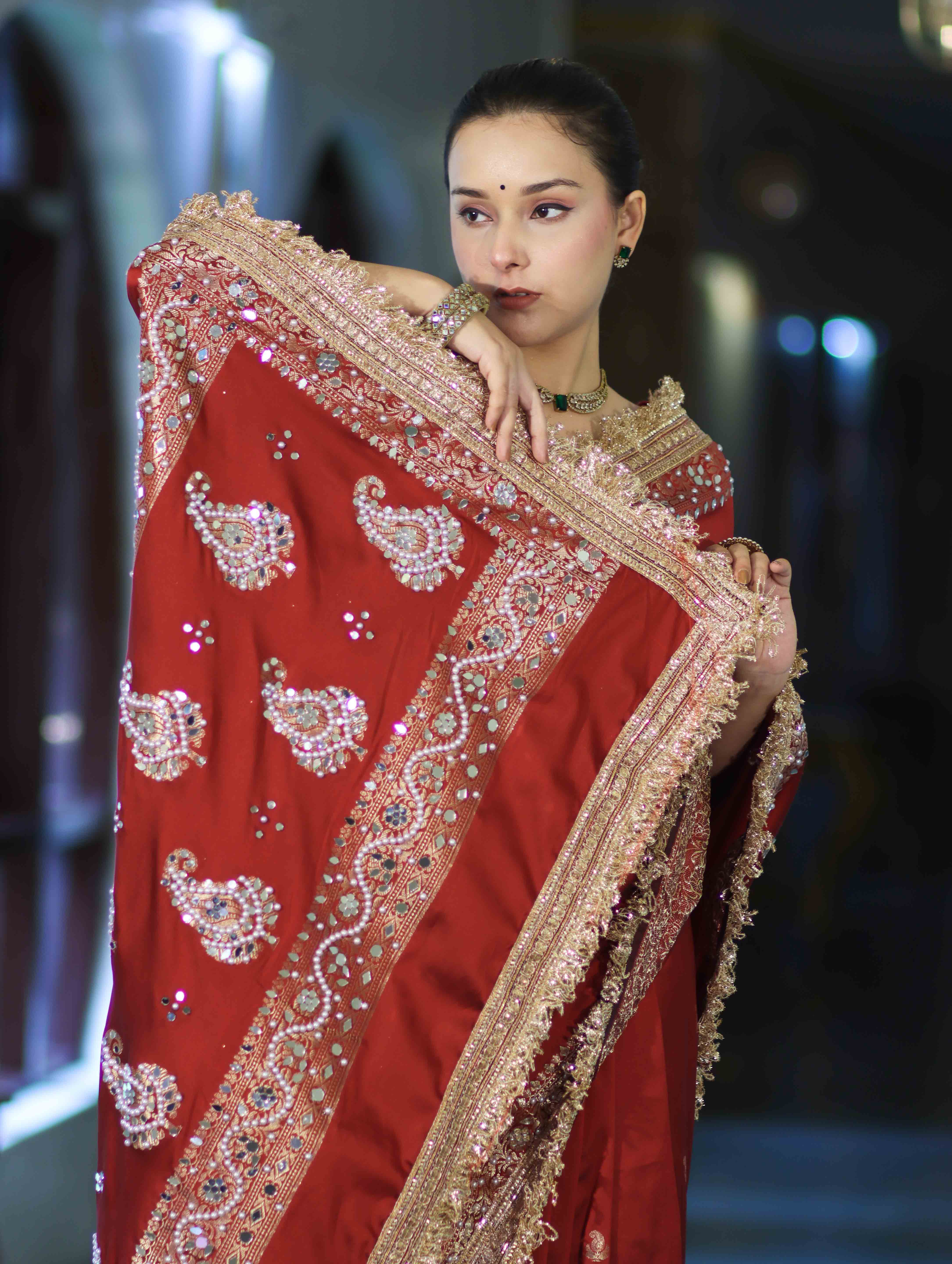 Banarasee Soft Silk Saree With Handwork Pearl Motifs & Mirror Work-Maroon