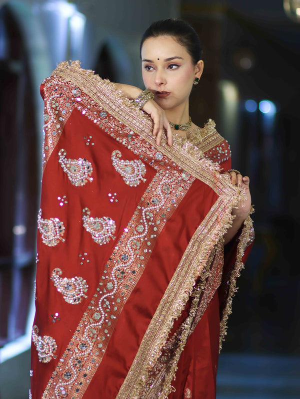 Banarasee Soft Silk Saree With Handwork Pearl Motifs & Mirror Work-Maroon