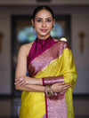Banarasee Semi Chiffon Saree With Buti Design & Contrast Zari Border-Yellow & Magenta