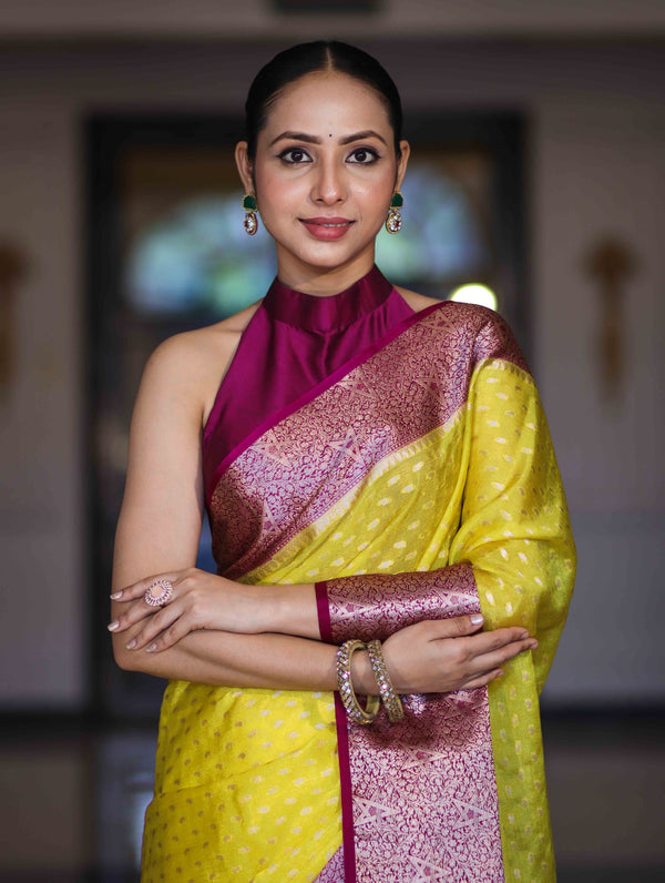 Banarasee Semi Chiffon Saree With Buti Design & Contrast Zari Border-Yellow & Magenta